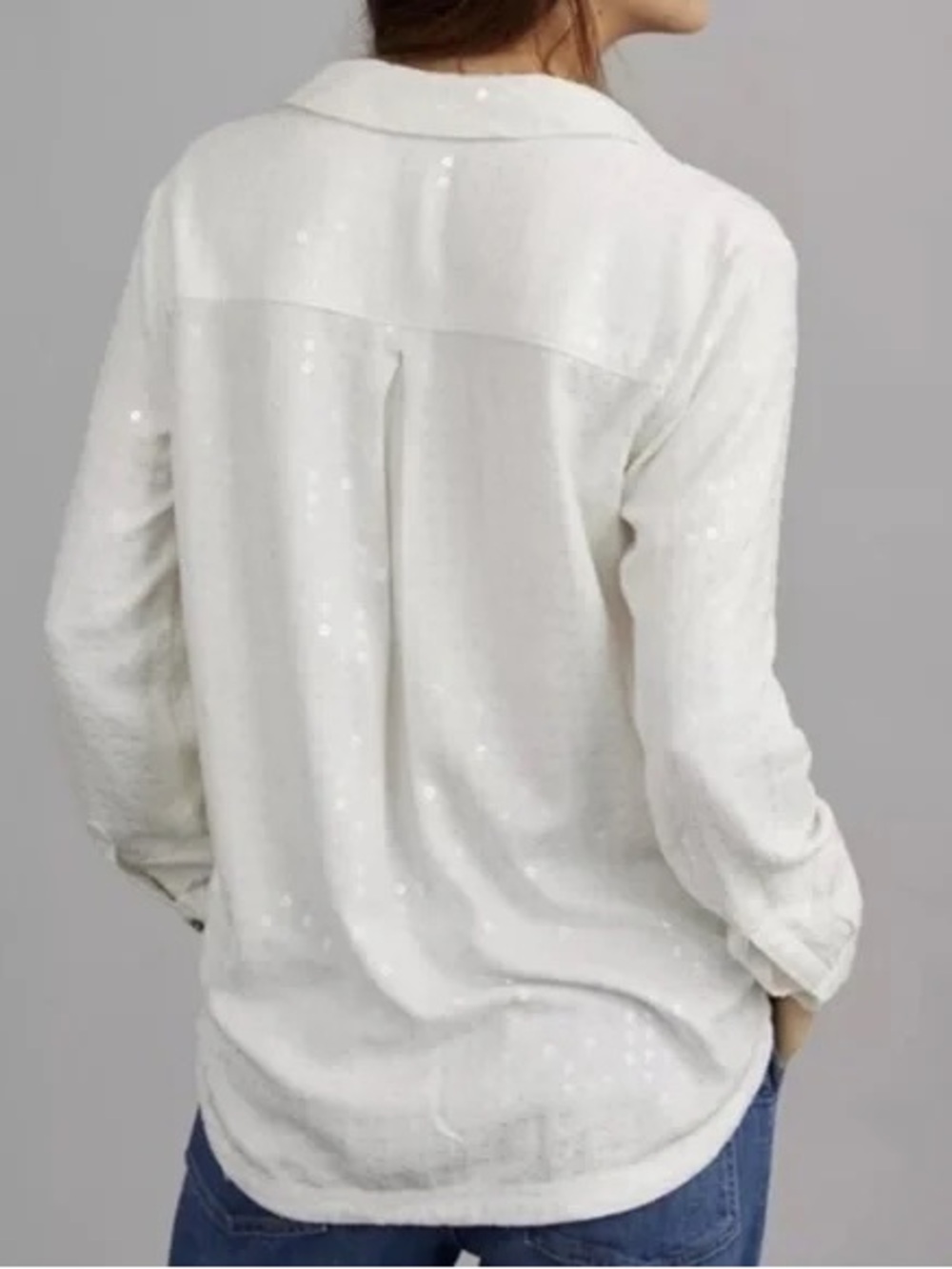 Maeve Anthropologie White Sequin Button Down Shirt Party Bachelorette Sz M - Picture 2 of 7
